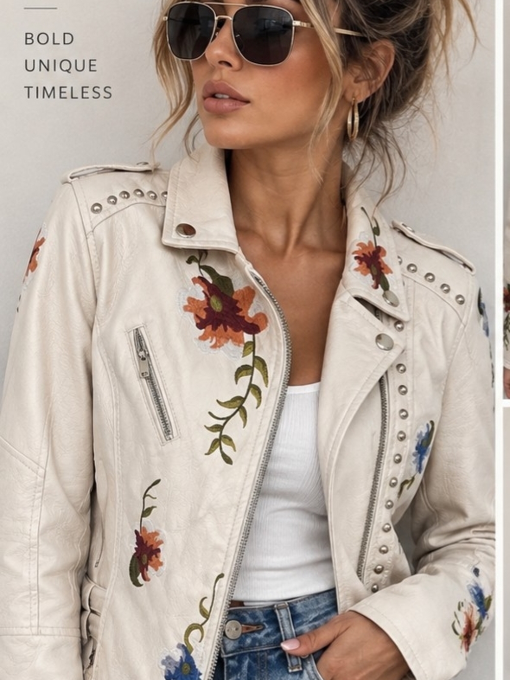 Y2K White Faux Leather Floral Embroidered Studded Moto Jacket XL